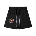 Black shorts with colorful logo on a white background