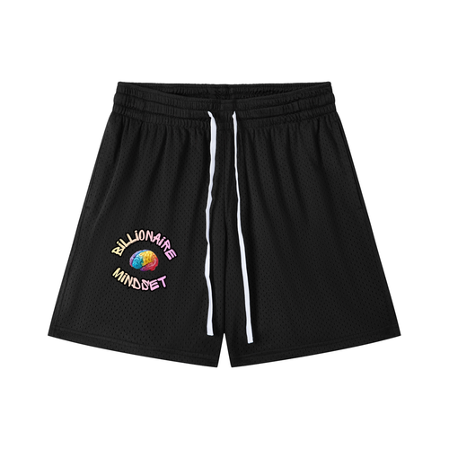 Black shorts with colorful logo on a white background