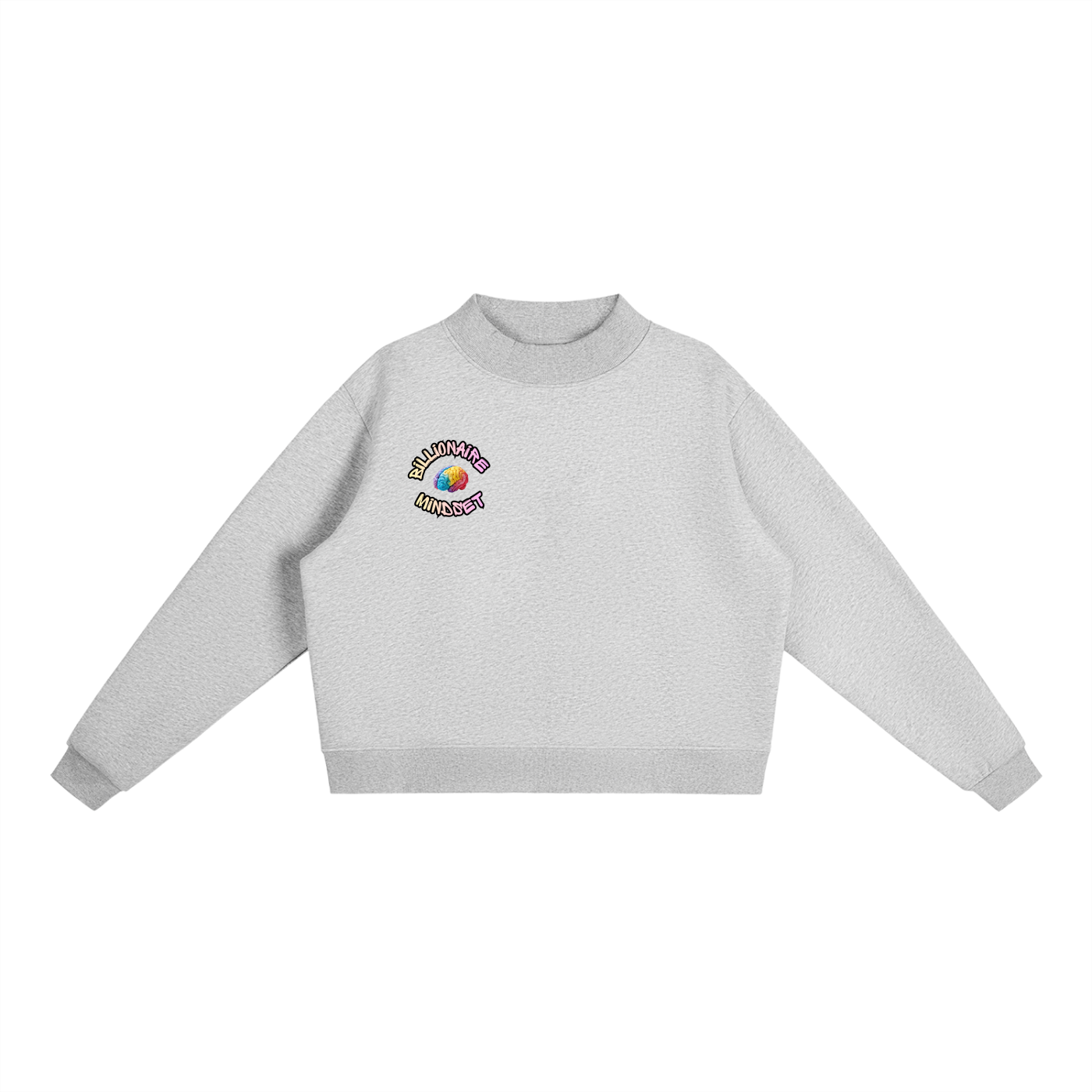 Gray sweatshirt with a colorful logo on a white background