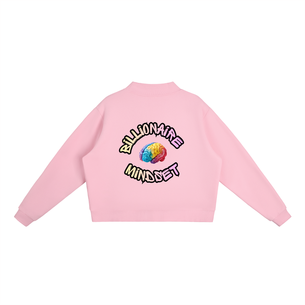 Pink sweatshirt with colorful 'Billionaire Mindset' design on a white background