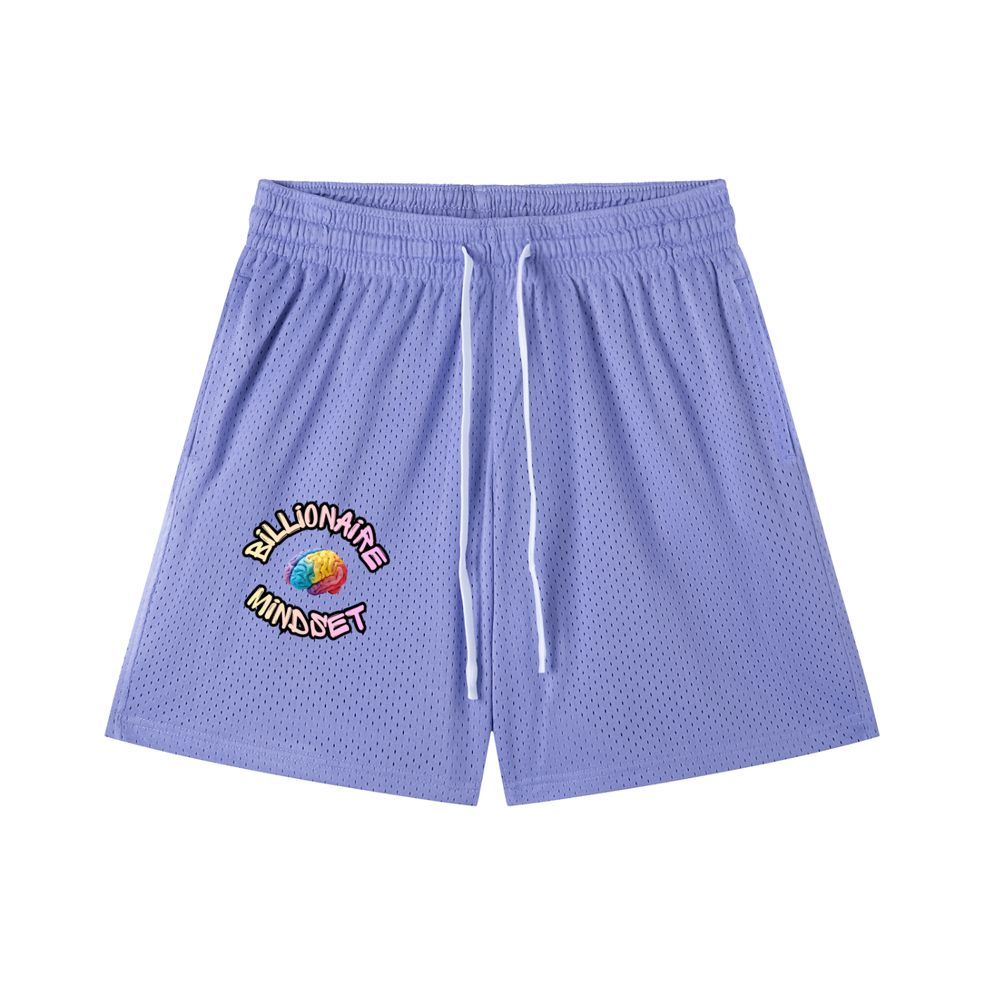 Purple shorts with a colorful logo on a white background