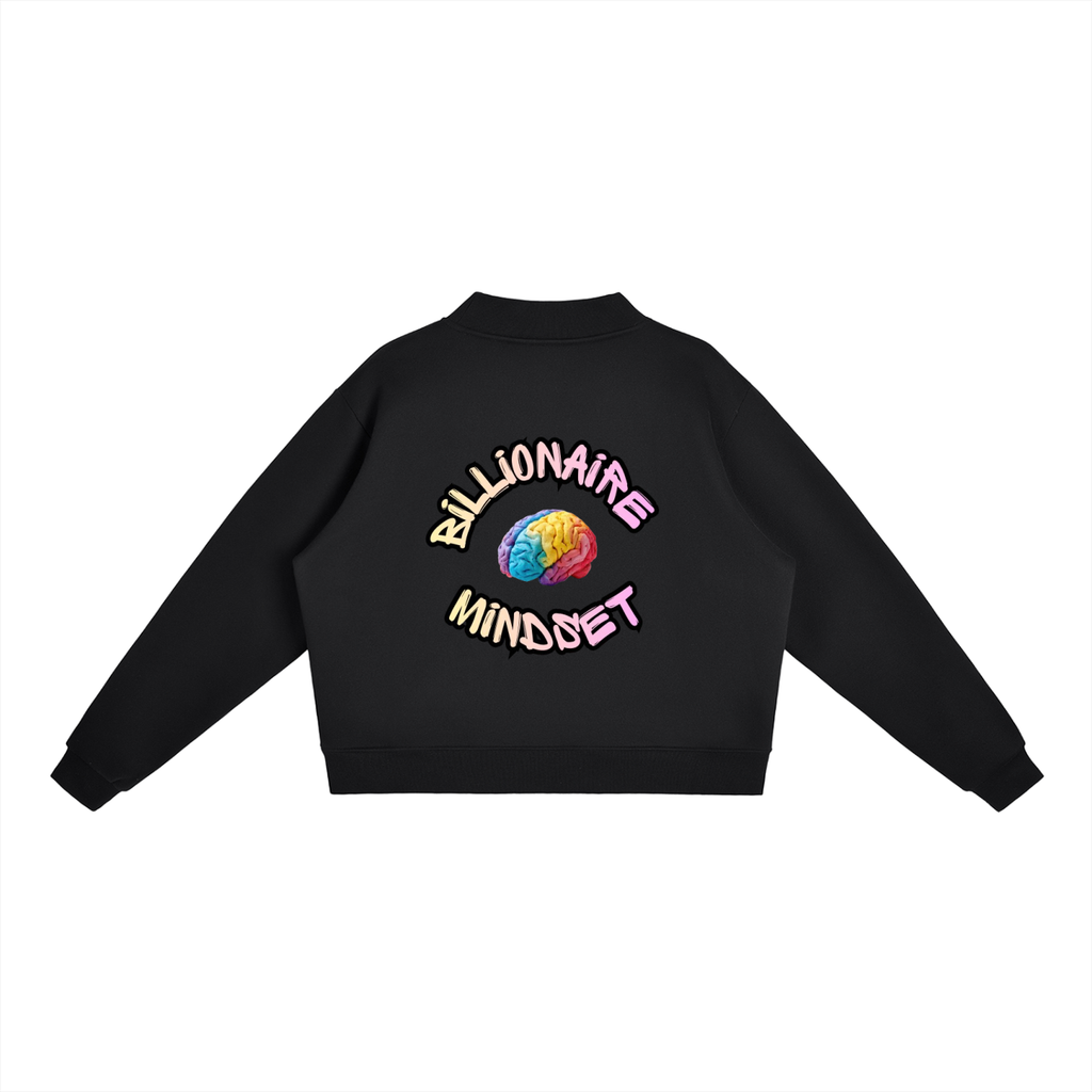 Black sweatshirt with colorful 'Billionaire Mindset' design on a white background