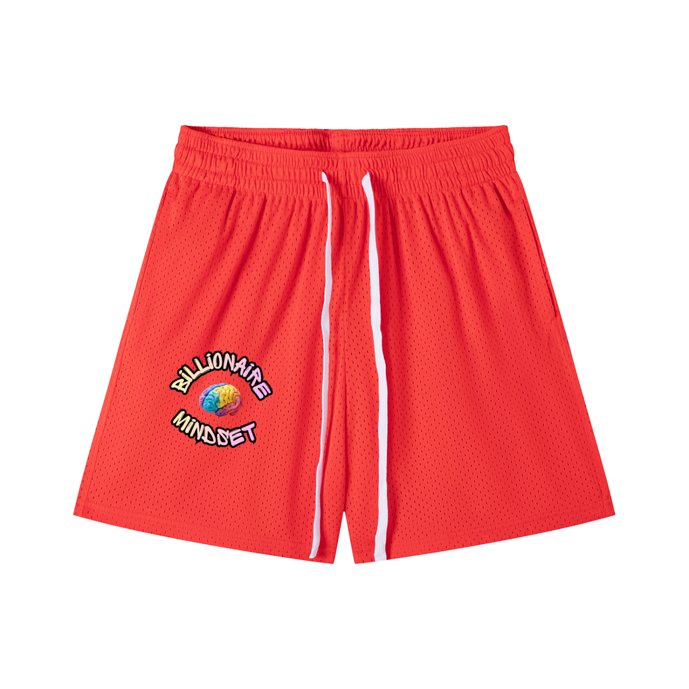 Red shorts with a colorful logo on a white background