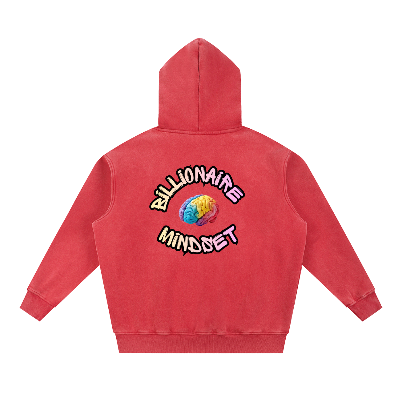 Red hoodie with 'Billionaire Mindset' logo on the back against a white background
